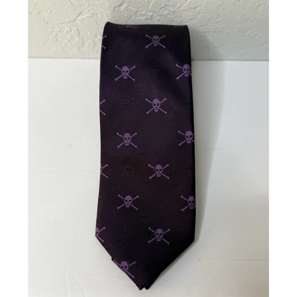 English Laundry Skull Purple Silk Tie‎ Skull Bones Pattern Preppy Grunge Party